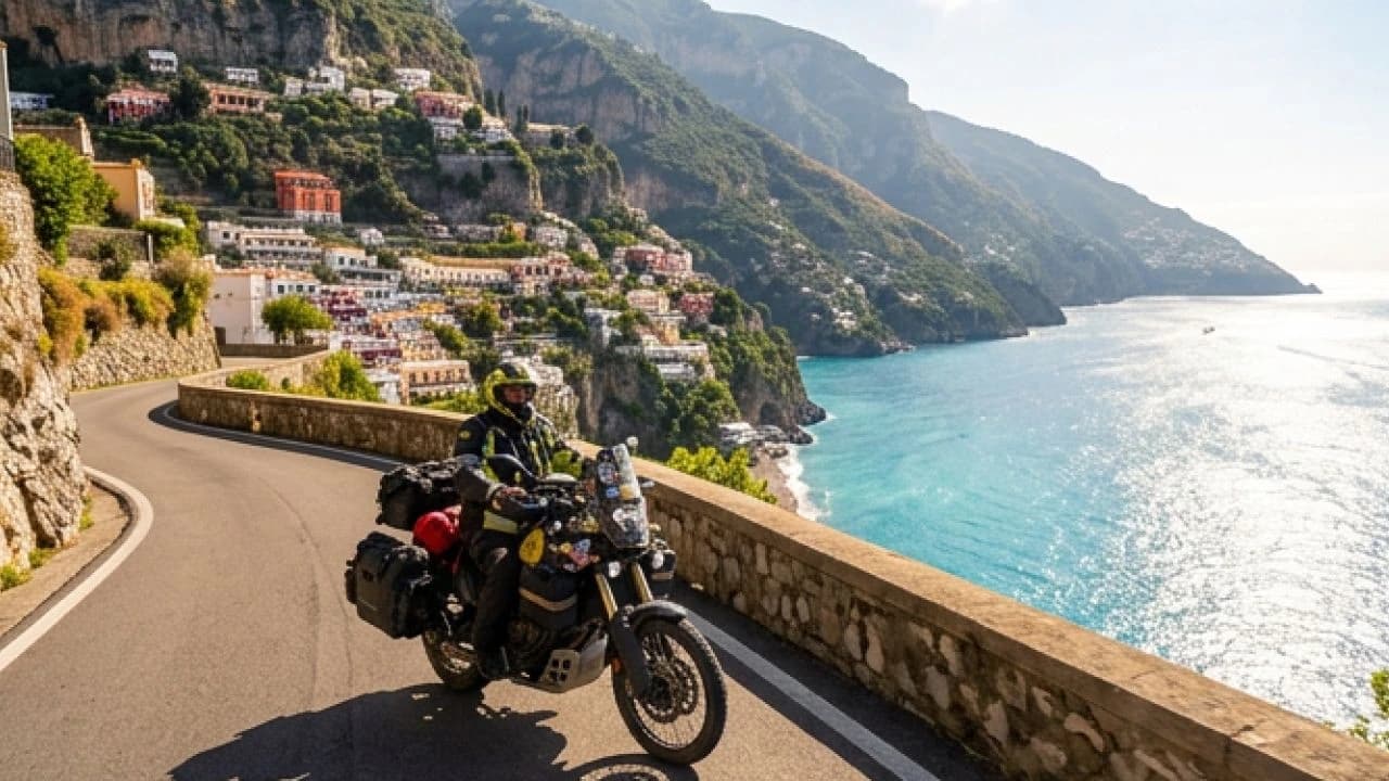 Motorcycle parked overlooking Positano, Italy