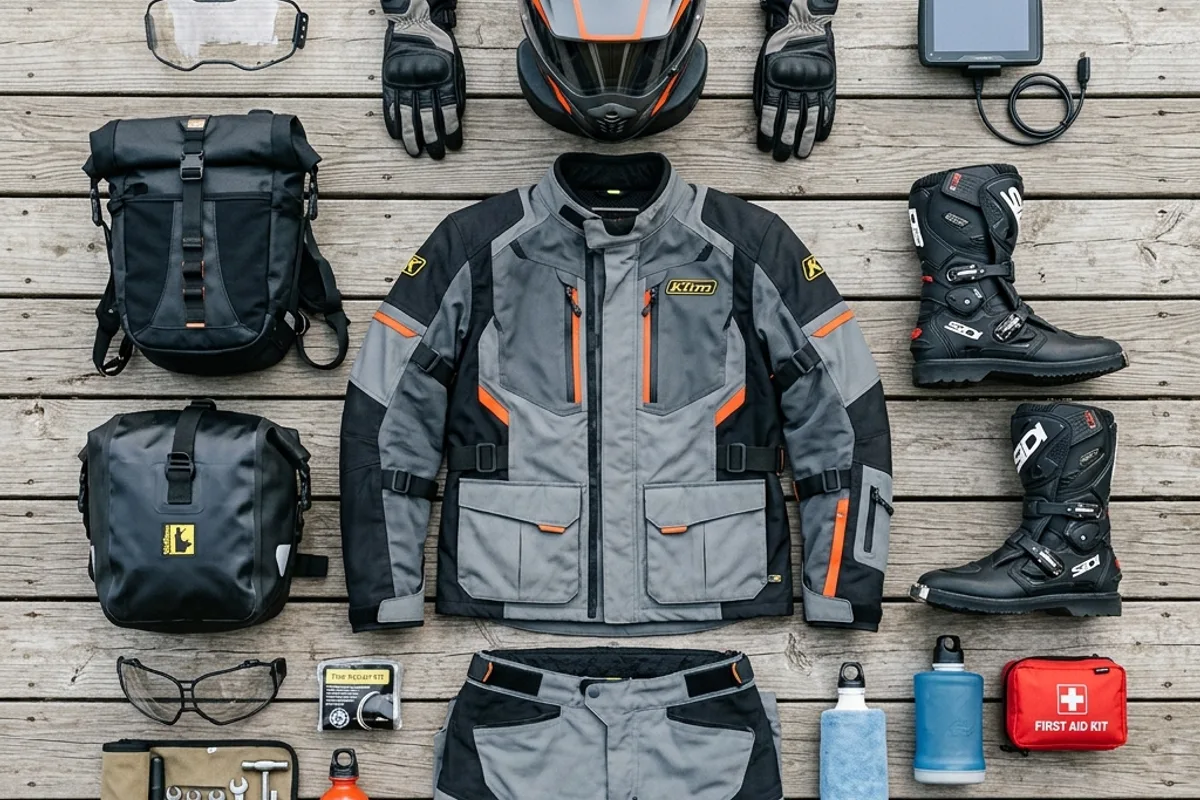 Gear and bags for long motorcycle trips packed on the bike