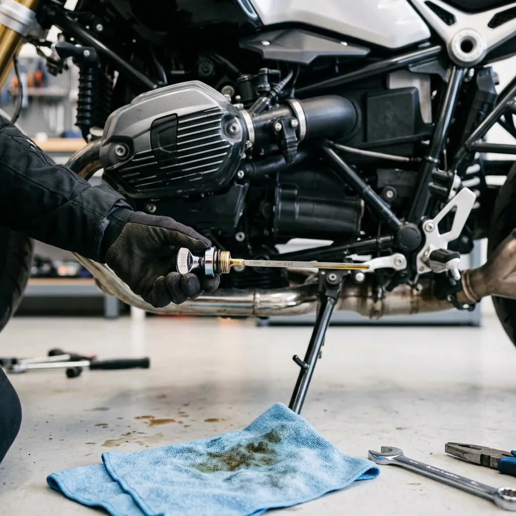 Oil change and fluid level checks on a motorcycle before a long trip