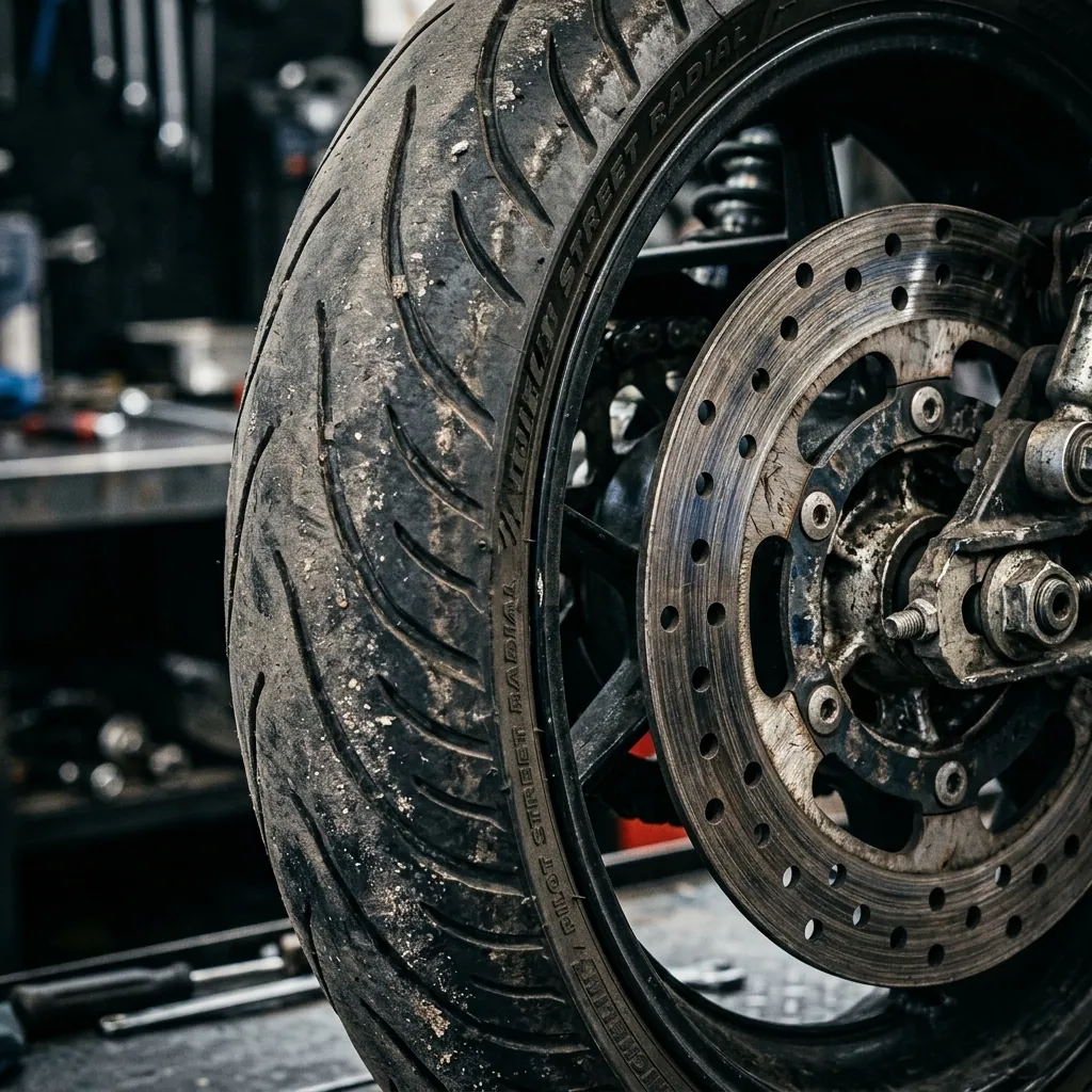 Close-up of a motorcycle tyre with deep tread and a brake disc in perfect condition