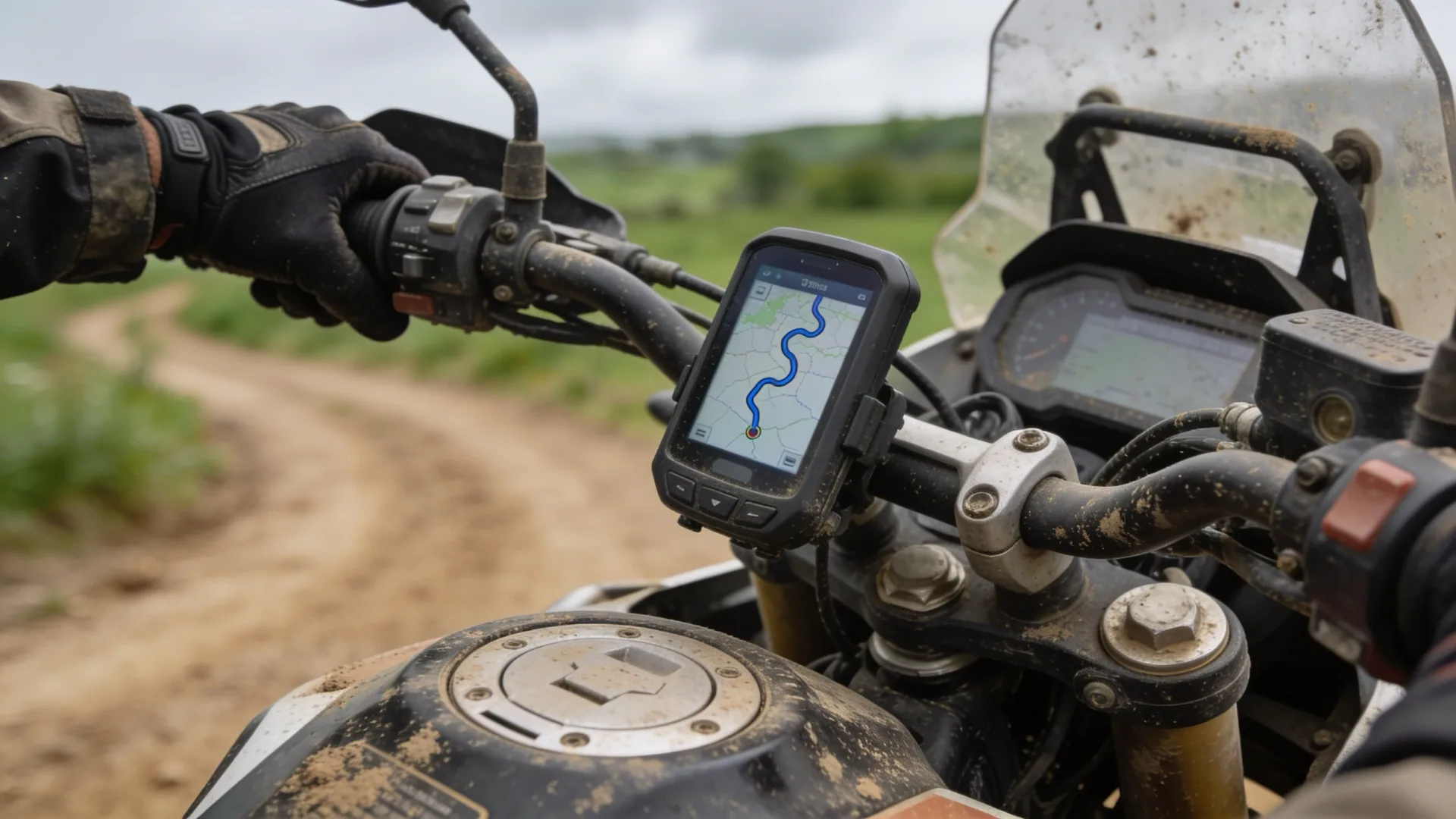 GPS montado en el manillar de una moto trail mostrando el track de la Trans Euro Trail sobre una pista de tierra