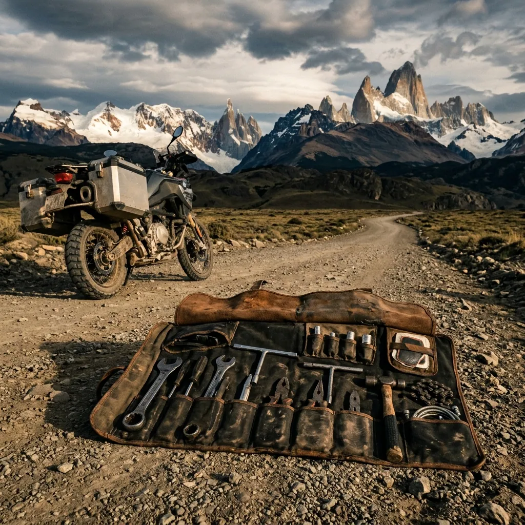 Motorcycle toolkit for adventure riding through difficult and remote terrain
