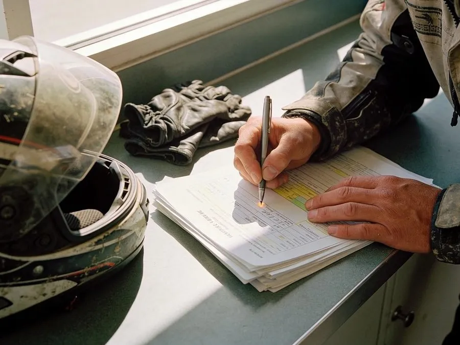 Viajero en moto firmando formularios de aduana en la ventanilla de un paso fronterizo, con el casco y los guantes sobre el mostrador