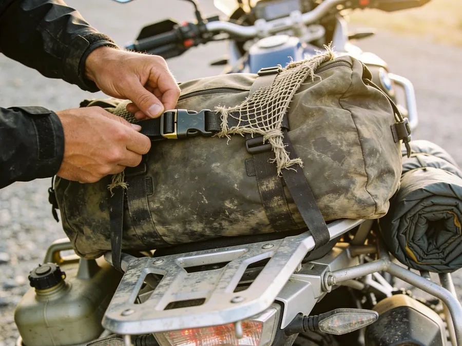 Manos de un viajero atando una bolsa estanca al portaequipajes de una moto trail sobre grava