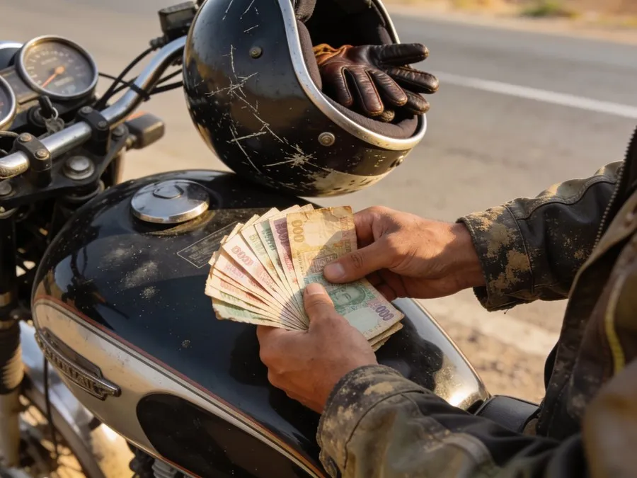 Viajero contando billetes extranjeros gastados sobre el depósito de su moto, con el casco apoyado al lado