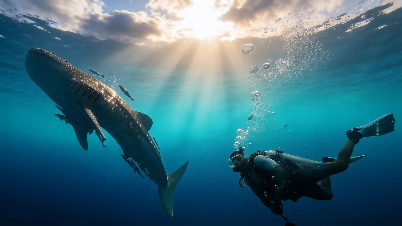 Whale shark and a diver swimming under shafts of sunlight in the waters of Koh Tao, Thailand