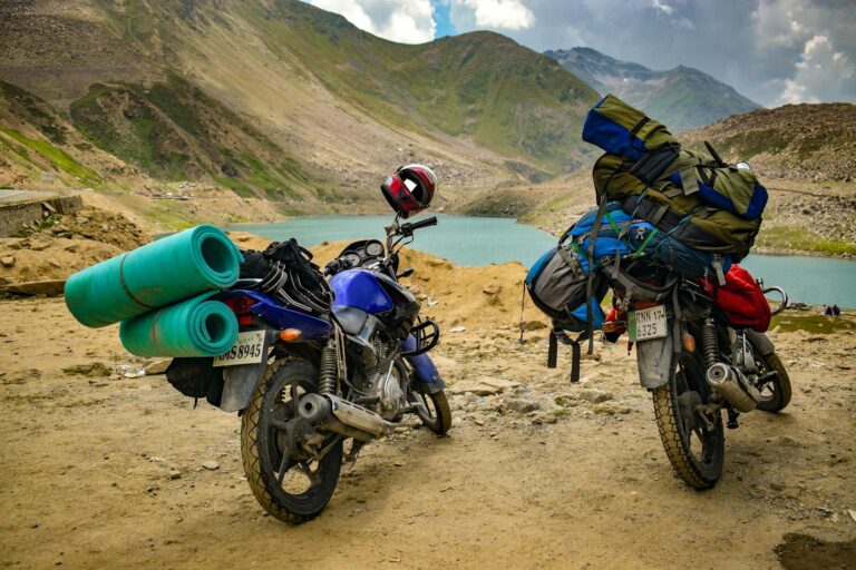 motorbikes parked beside the lake